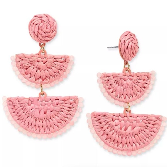 NWT On 34th Gold-Tone Stone Bead & Woven Raffia Drop Earrings, Pink - Picture 1 of 4